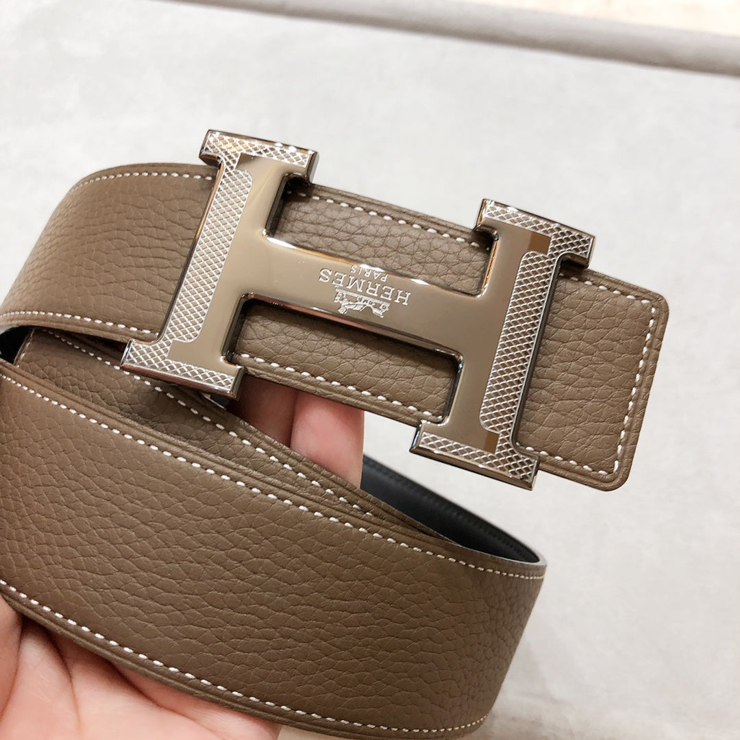 HM H D'ANCRE BELT BUCKLE & REVERSIBLE COFFEE BROWN LEATHER STRAP 38 MM SILVER HARDWARE - 30