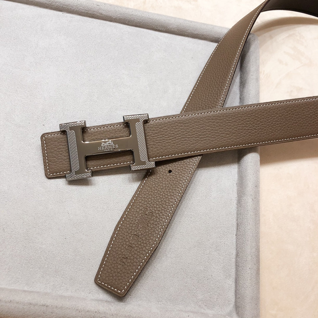 HM H D'ANCRE BELT BUCKLE & REVERSIBLE COFFEE BROWN LEATHER STRAP 38 MM SILVER HARDWARE - 30