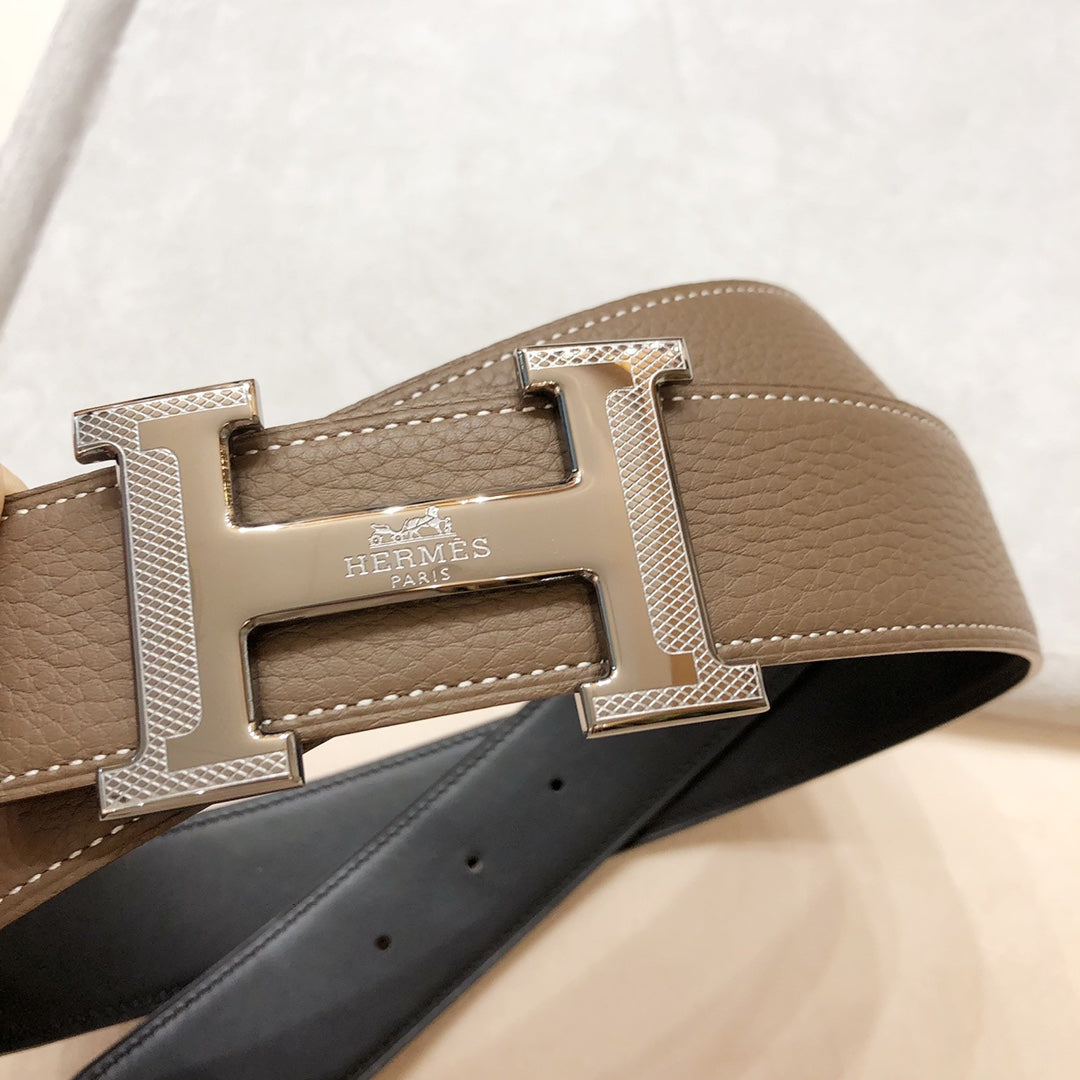 HM H D'ANCRE BELT BUCKLE & REVERSIBLE COFFEE BROWN LEATHER STRAP 38 MM SILVER HARDWARE - 30