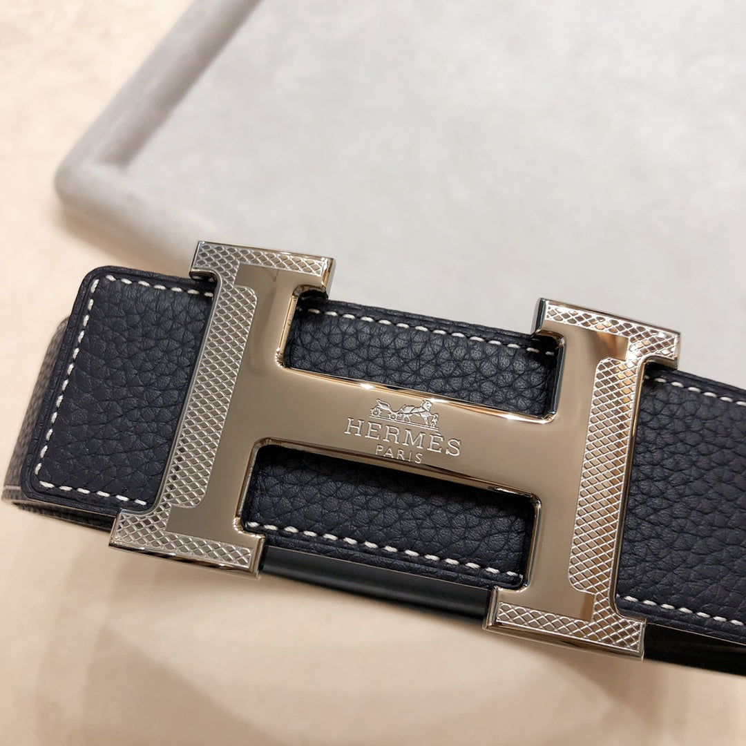 HM H D'ANCRE BELT BUCKLE & REVERSIBLE BLACK LEATHER STRAP 38 MM GREY SILVER HARDWARE - 30
