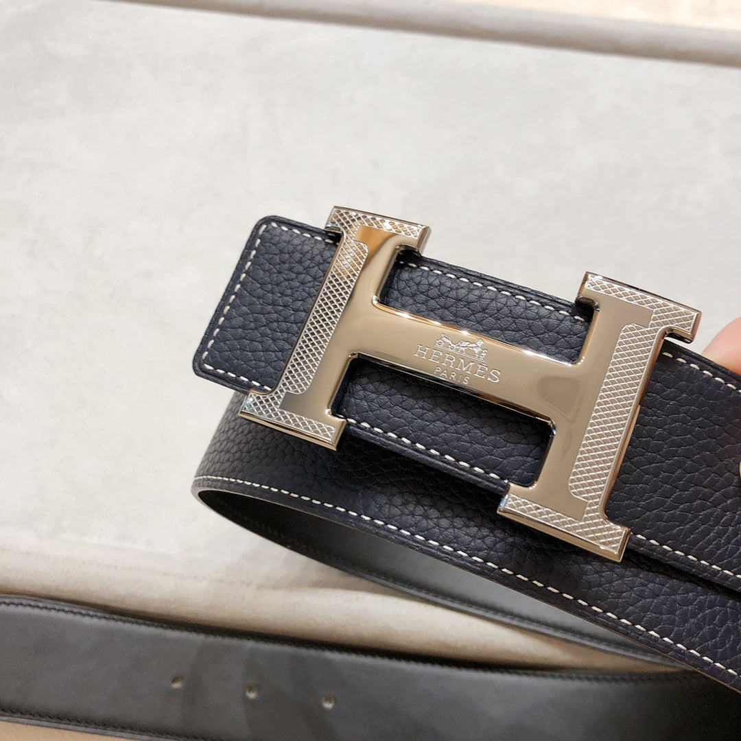 HM H D'ANCRE BELT BUCKLE & REVERSIBLE BLACK LEATHER STRAP 38 MM GREY SILVER HARDWARE - 30