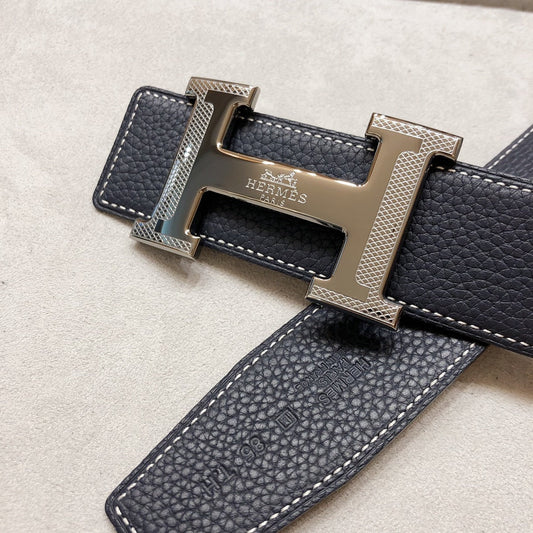 HM H D'ANCRE BELT BUCKLE & REVERSIBLE BLACK LEATHER STRAP 38 MM GREY SILVER HARDWARE - 30