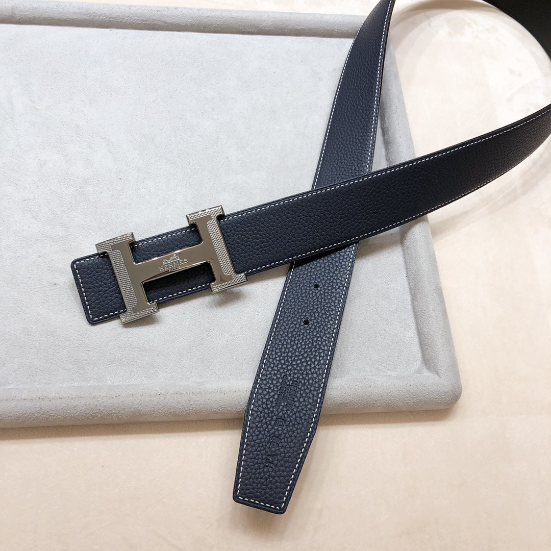 HM H D'ANCRE BELT BUCKLE & REVERSIBLE BLACK LEATHER STRAP 38 MM GREY SILVER HARDWARE - 30