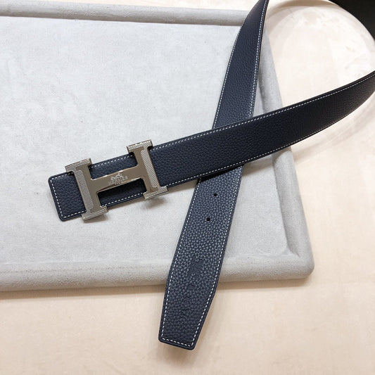 HM H D'ANCRE BELT BUCKLE & REVERSIBLE BLACK LEATHER STRAP 38 MM GREY SILVER HARDWARE - 30