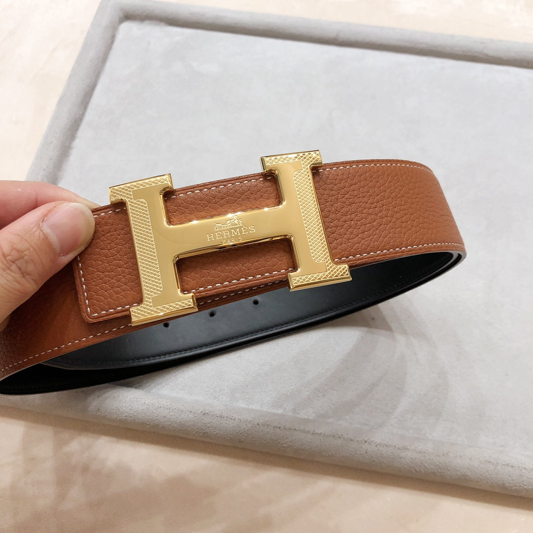 HM H D'ANCRE BELT BUCKLE & REVERSIBLE BRONZE BROWN LEATHER STRAP 38 MM GOLD HARDWARE - 30