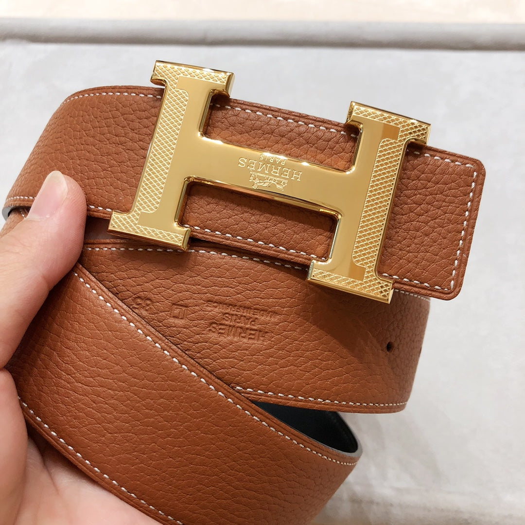 HM H D'ANCRE BELT BUCKLE & REVERSIBLE BRONZE BROWN LEATHER STRAP 38 MM GOLD HARDWARE - 30