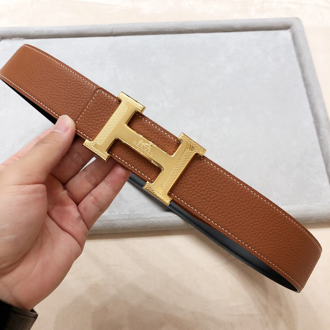 HM H D'ANCRE BELT BUCKLE & REVERSIBLE BLACK AND BRONZE BROWN LEATHER STRAP 38 MM GOLD HARDWARE - 30