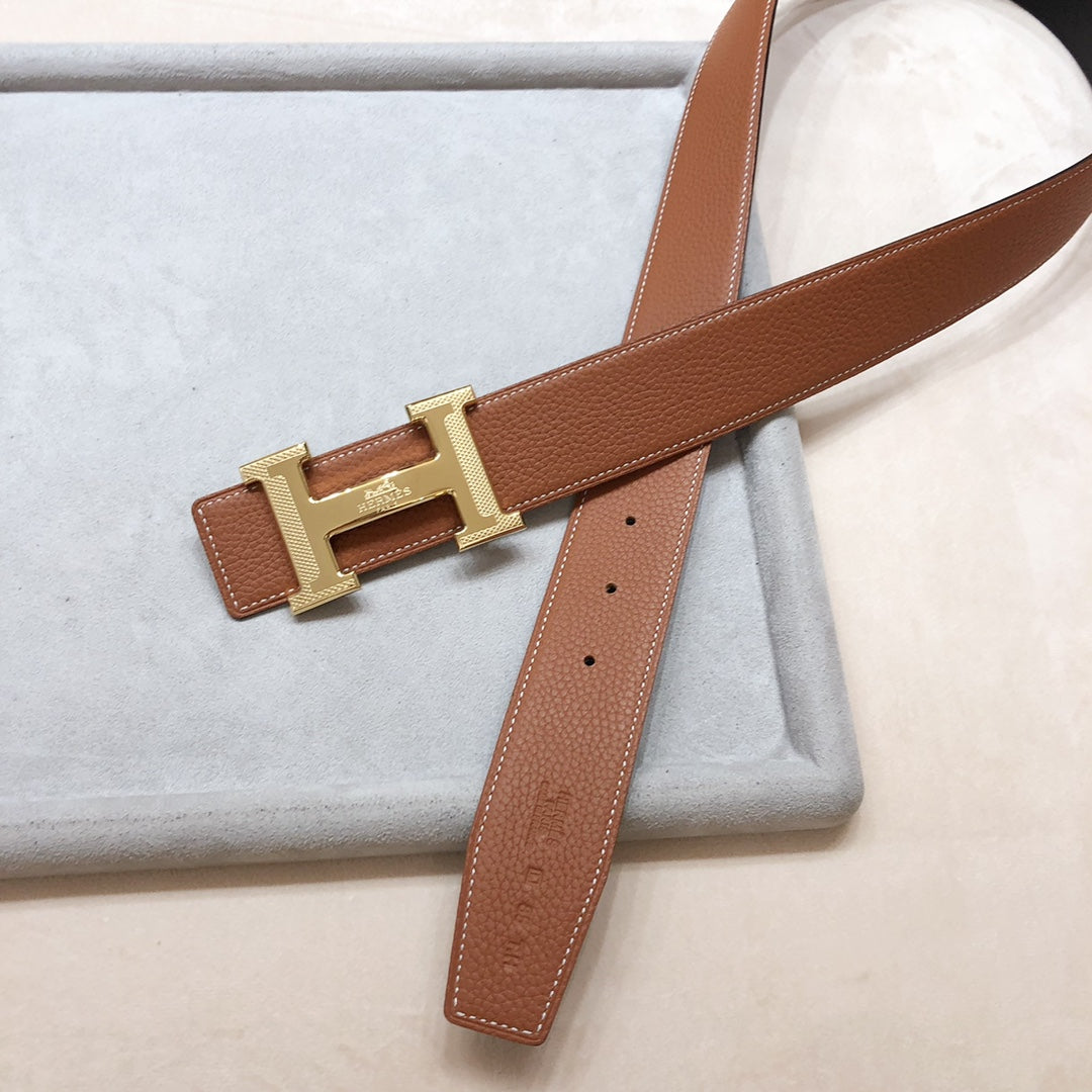 HM H D'ANCRE BELT BUCKLE & REVERSIBLE BLACK AND BRONZE BROWN LEATHER STRAP 38 MM GOLD HARDWARE - 30