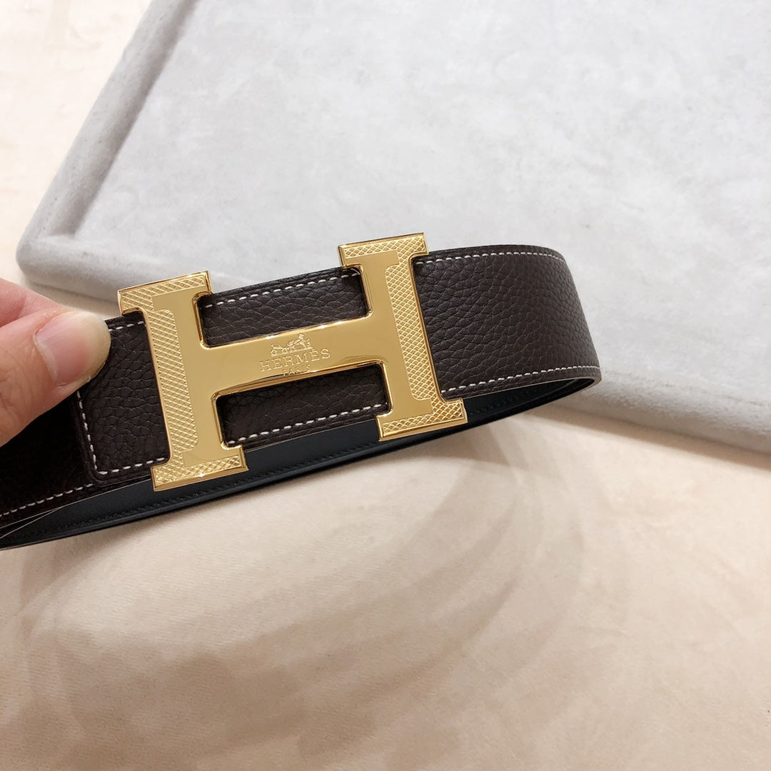 HM H D'ANCRE BELT BUCKLE & REVERSIBLE BLACK AND CHOCOLATE BROWN LEATHER STRAP 38 MM GOLD HARDWARE - 30