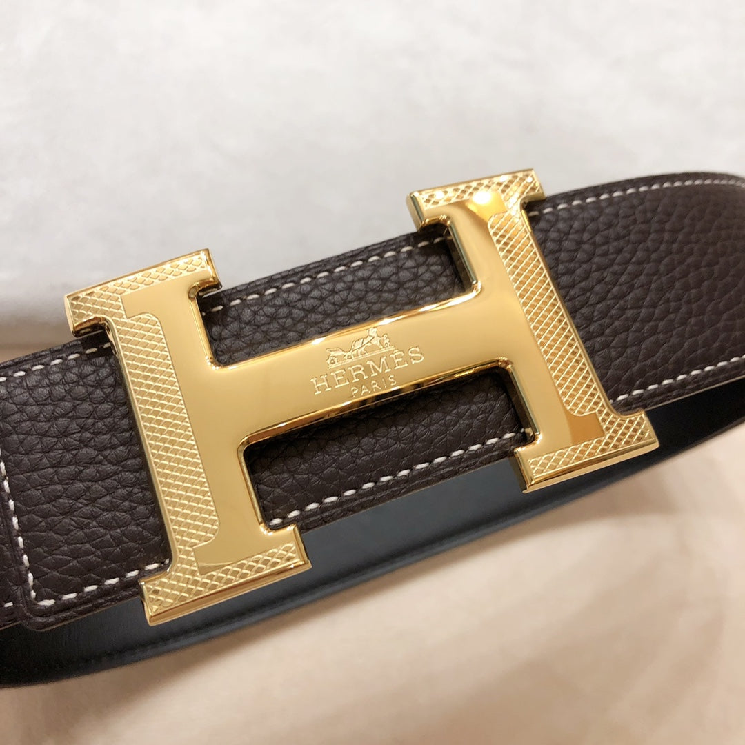 HM H D'ANCRE BELT BUCKLE & REVERSIBLE BLACK AND CHOCOLATE BROWN LEATHER STRAP 38 MM GOLD HARDWARE - 30