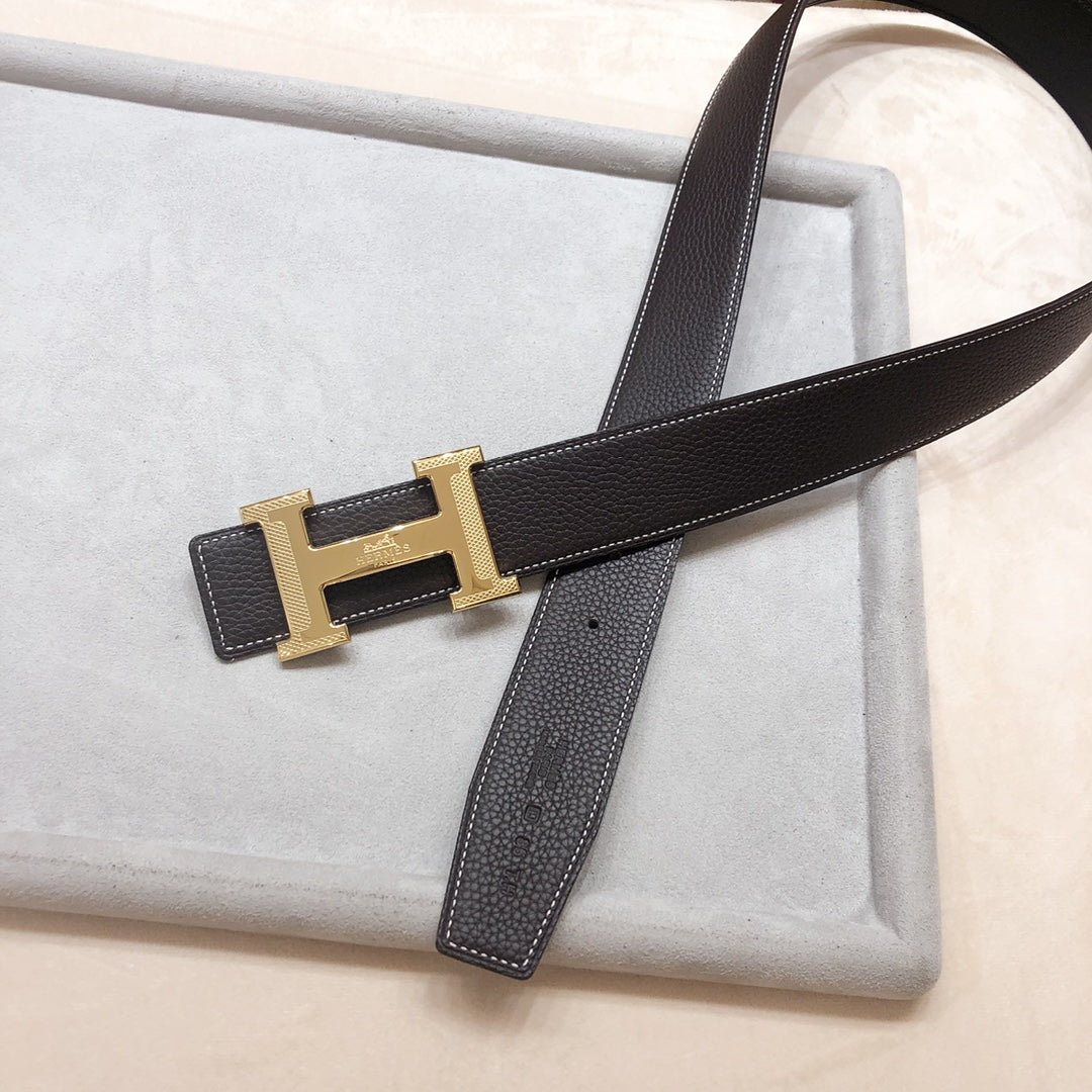 HM H D'ANCRE BELT BUCKLE & REVERSIBLE BLACK AND CHOCOLATE BROWN LEATHER STRAP 38 MM GOLD HARDWARE - 30