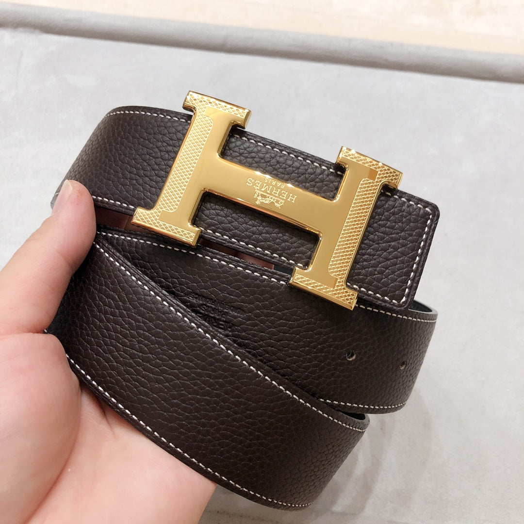 HM H D'ANCRE BELT BUCKLE & REVERSIBLE BLACK AND CHOCOLATE BROWN LEATHER STRAP 38 MM GOLD HARDWARE - 30