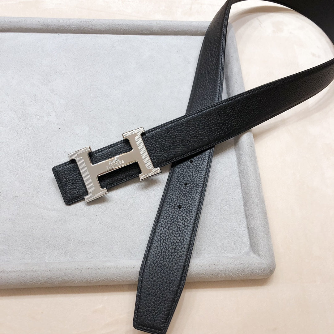 HM H D'ANCRE BELT BUCKLE & REVERSIBLE BLACK LEATHER STRAP 38 MM SILVER HARDWARE - 30