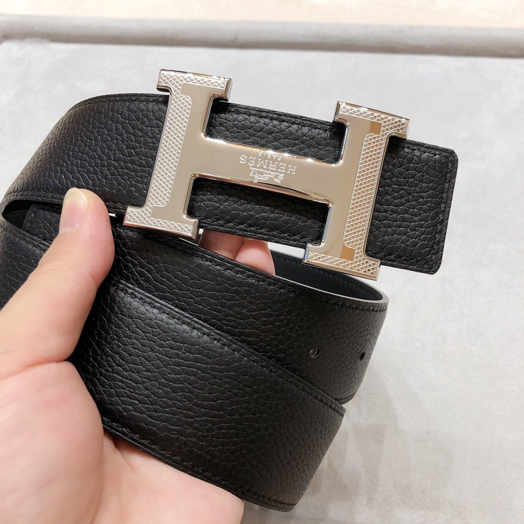 HM BELT BUCKLE & REVERSIBLE BLACK LEATHER STRAP 38 MM SILVER HARDWARE - 30