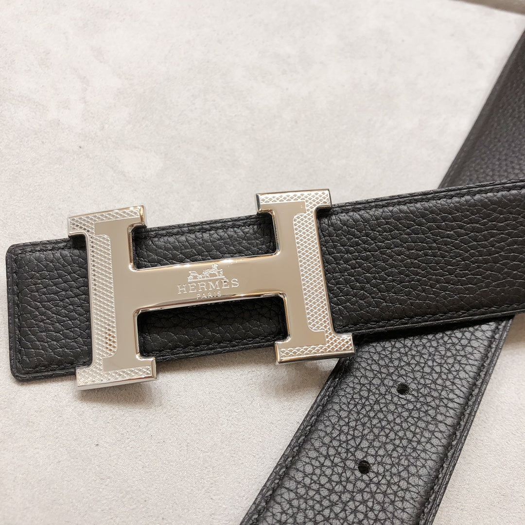 HM BELT BUCKLE & REVERSIBLE BLACK LEATHER STRAP 38 MM SILVER HARDWARE - 30