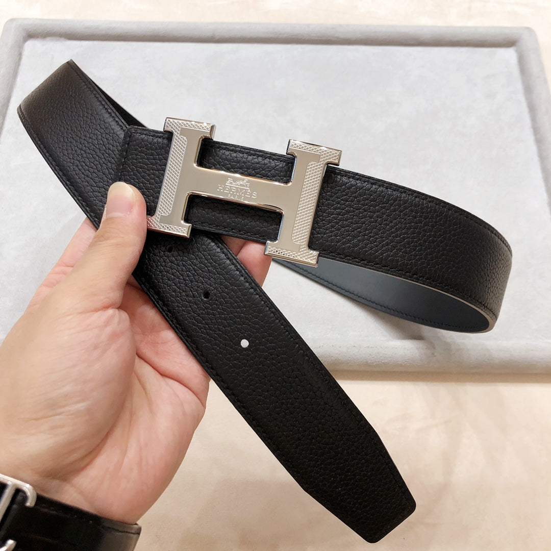 HM BELT BUCKLE & REVERSIBLE BLACK LEATHER STRAP 38 MM SILVER HARDWARE - 30
