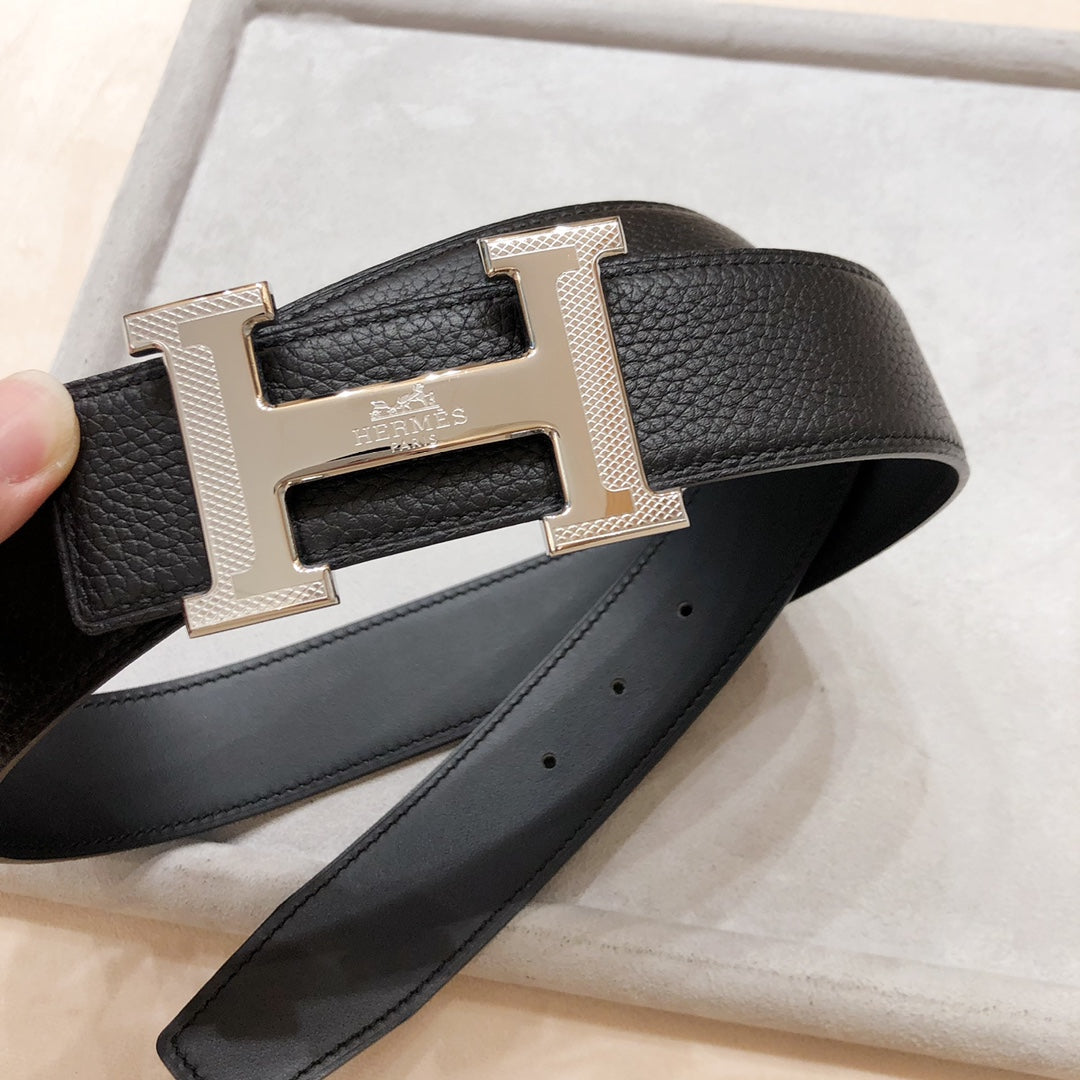 HM BELT BUCKLE & REVERSIBLE BLACK LEATHER STRAP 38 MM SILVER HARDWARE - 30