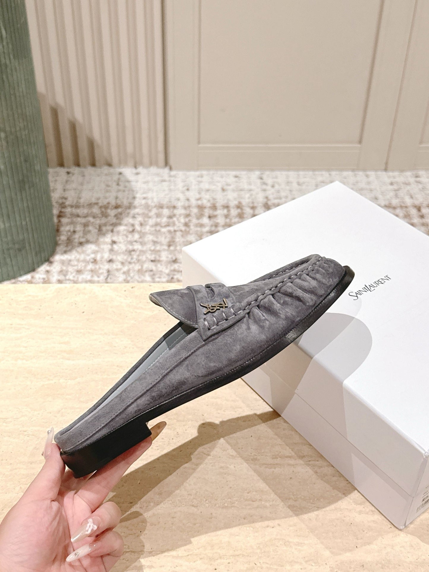 YSL 25S LOAFER MULE IN GRAY SUEDE - 35