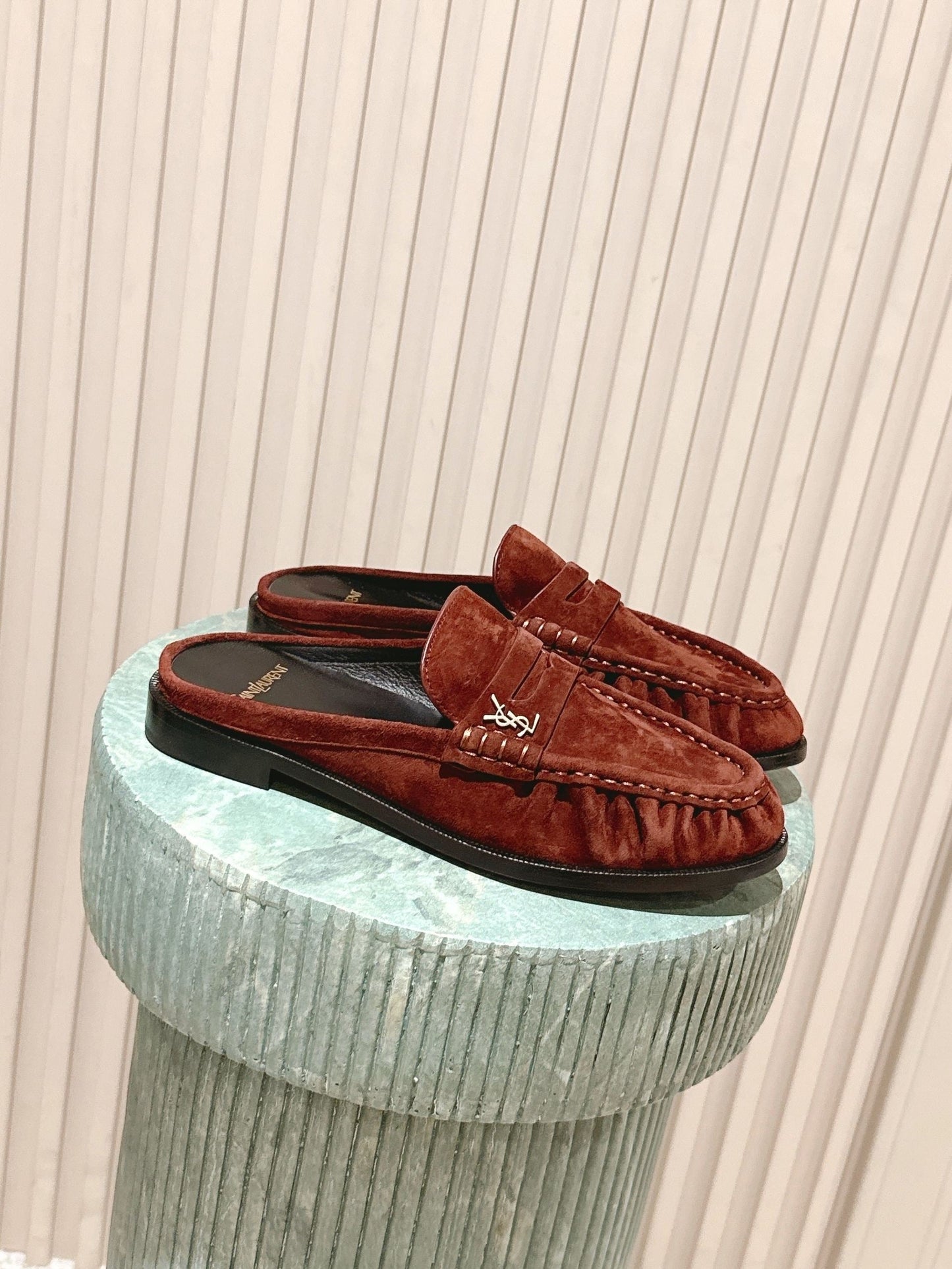 YSL 25S LOAFER MULE IN DARK BRICK RED SUEDE - 35