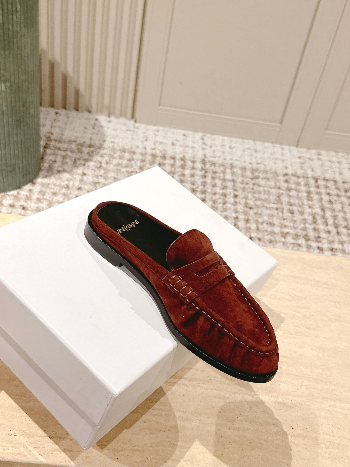 YSL 25S LOAFER MULE IN DARK BRICK RED SUEDE - 35