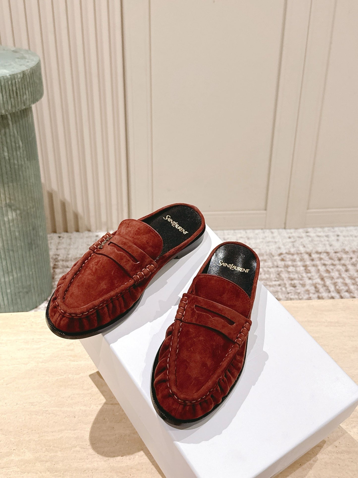 YSL 25S LOAFER MULE IN DARK BRICK RED SUEDE - 35