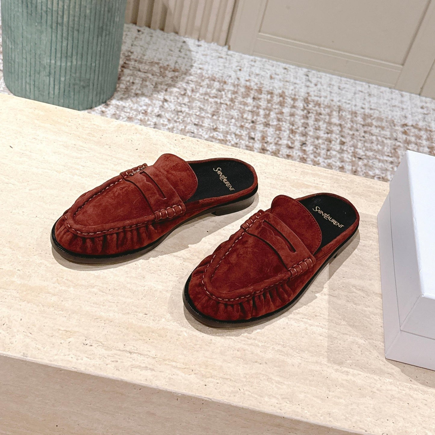 YSL 25S LOAFER MULE IN DARK BRICK RED SUEDE - 35