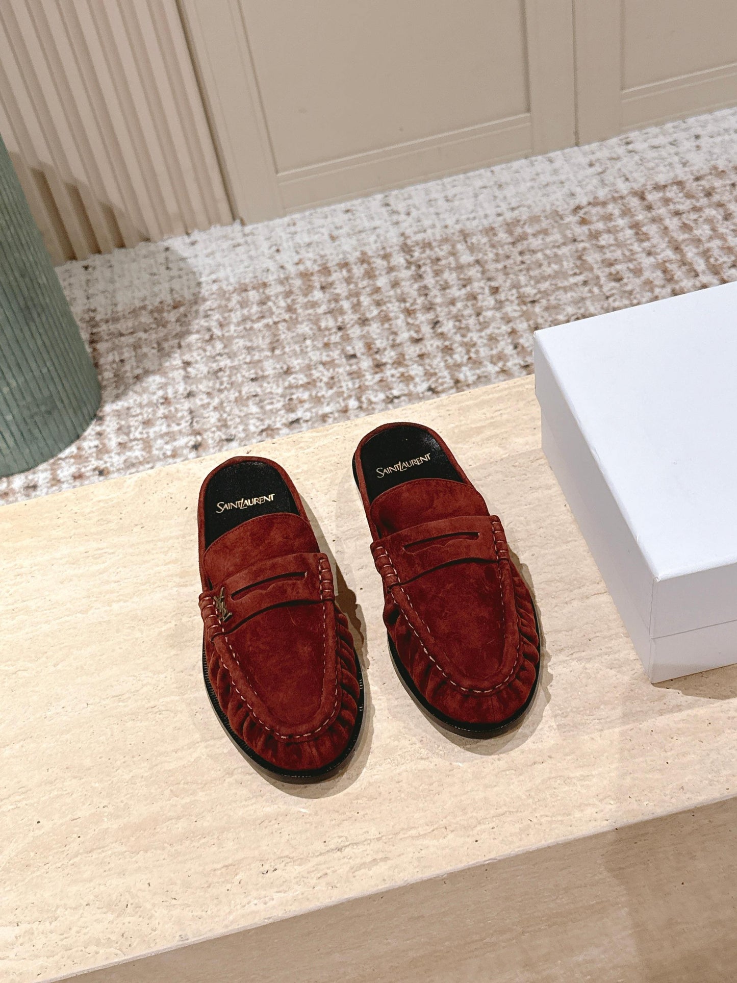 YSL 25S LOAFER MULE IN DARK BRICK RED SUEDE - 35