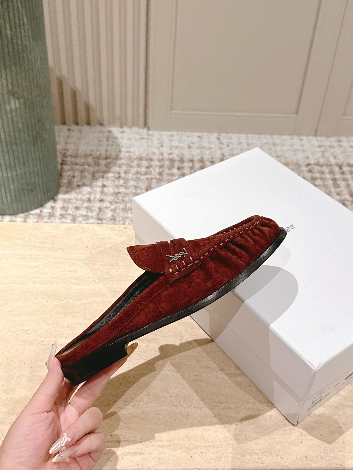 YSL 25S LOAFER MULE IN DARK BRICK RED SUEDE - 35