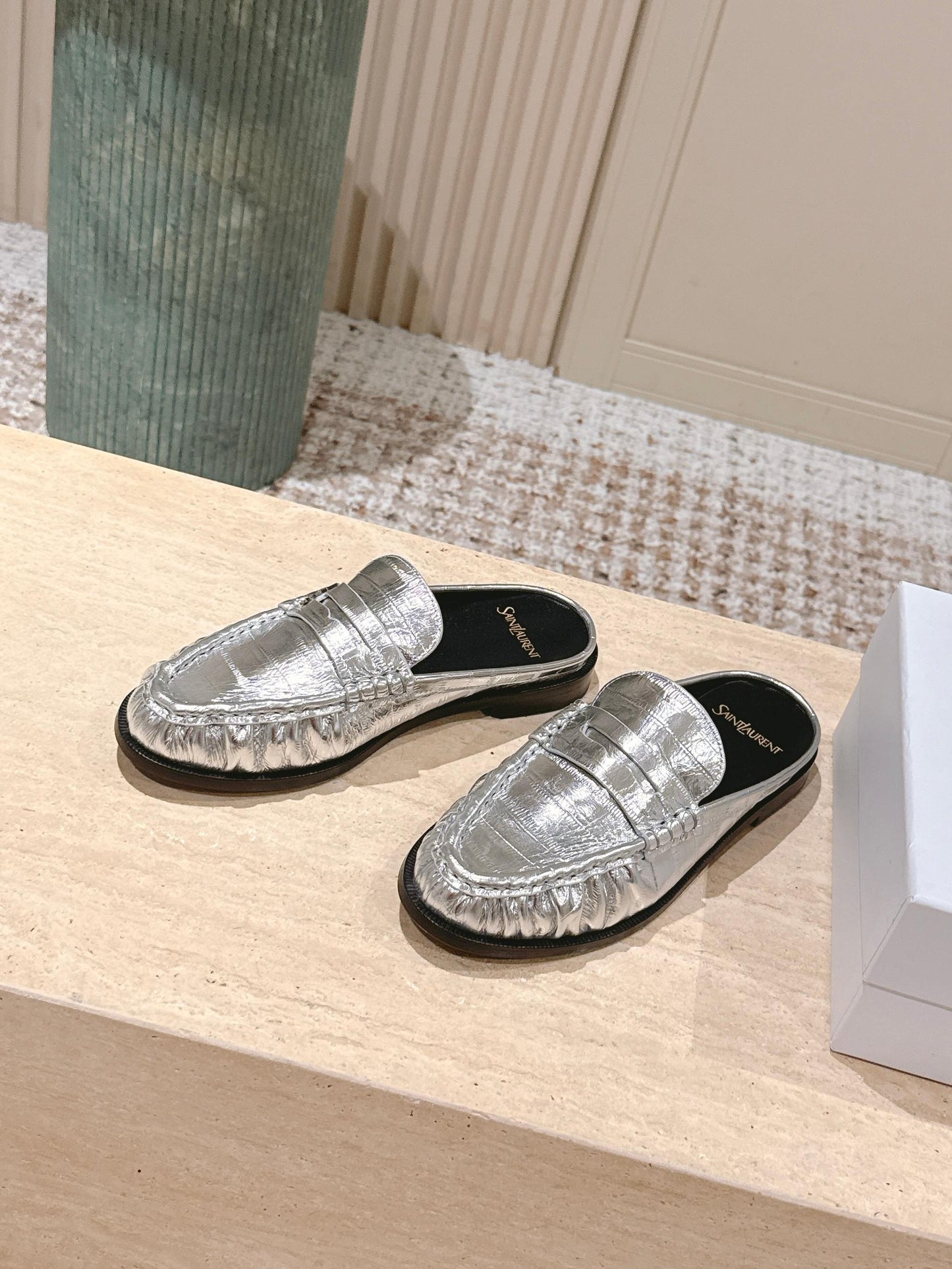 YSL 25S LOAFER MULE IN SILVER CALFSKIN - 35