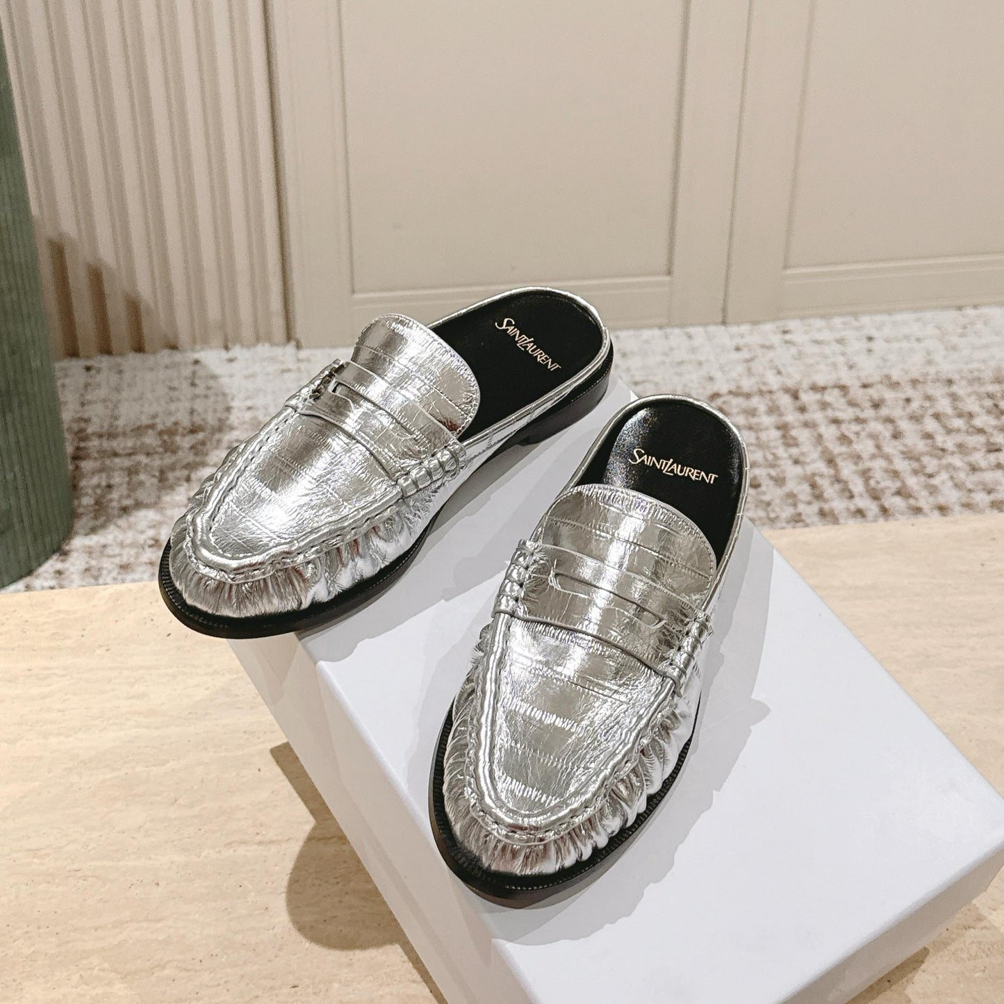 YSL 25S LOAFER MULE IN SILVER CALFSKIN - 35