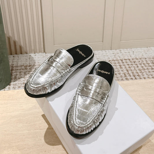 YSL 25S LOAFER MULE IN SILVER CALFSKIN - 35