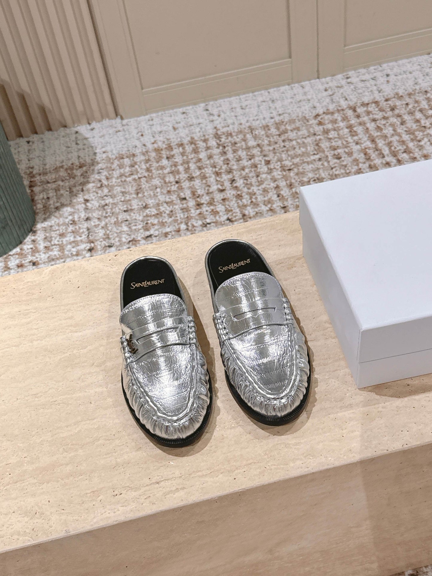 YSL 25S LOAFER MULE IN SILVER CALFSKIN - 35
