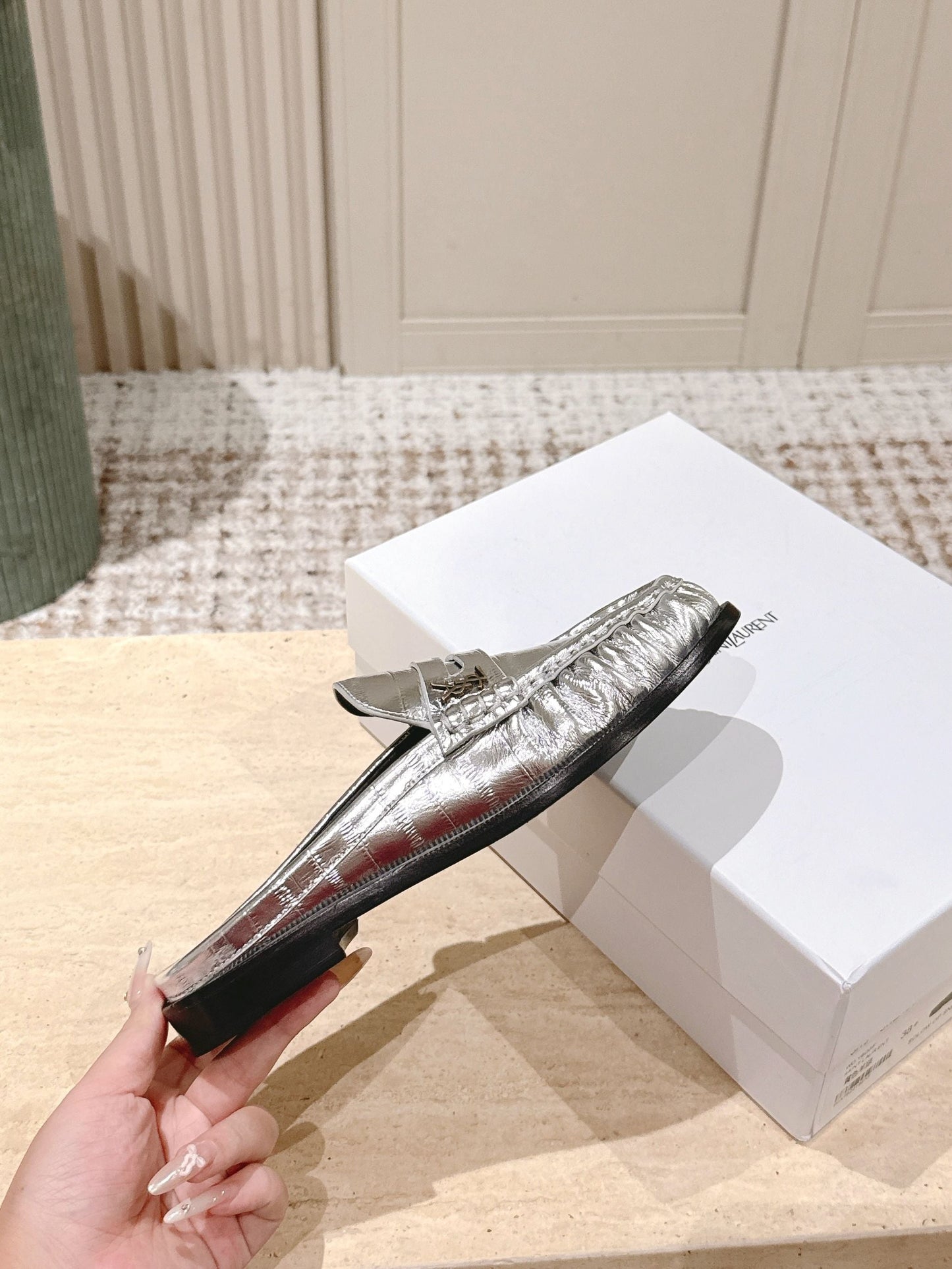 YSL 25S LOAFER MULE IN SILVER CALFSKIN - 35