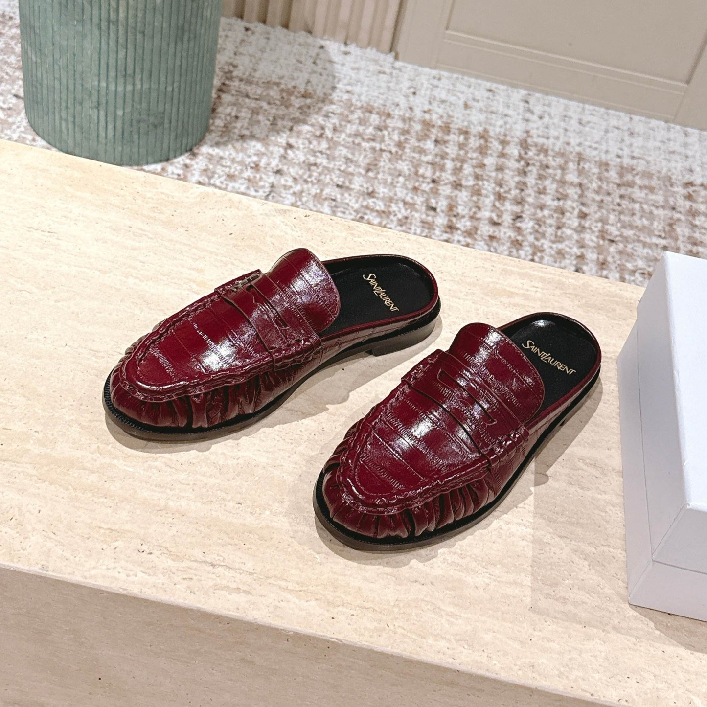 YSL 25S LOAFER MULE IN DARK RED GLOSSY CALFSKIN - 35