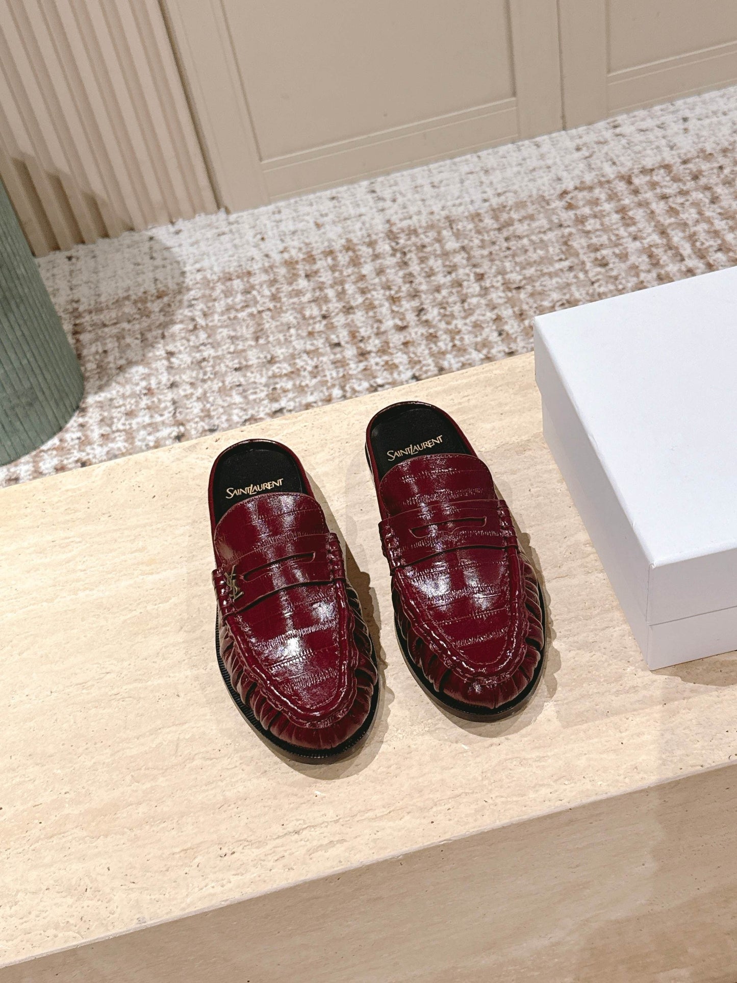 YSL 25S LOAFER MULE IN DARK RED GLOSSY CALFSKIN - 35
