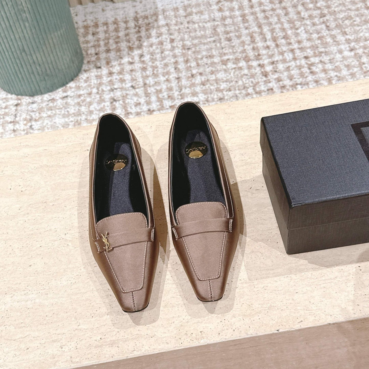YSL 25S SAINT LAURENT POPPY BALLET FLATS IN TAUPE BROWN SILK - 35