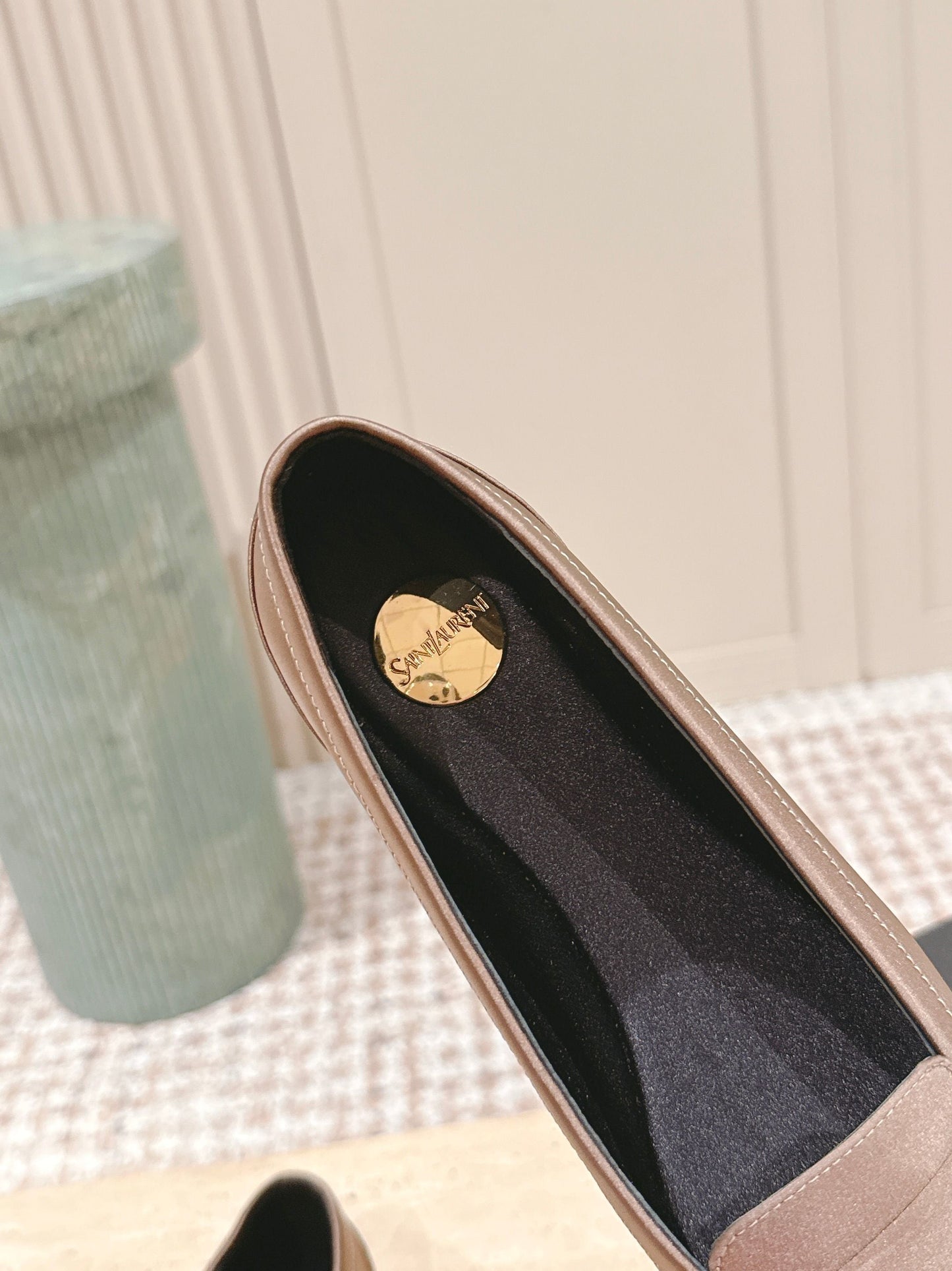 YSL 25S SAINT LAURENT POPPY BALLET FLATS IN TAUPE BROWN SILK - 35