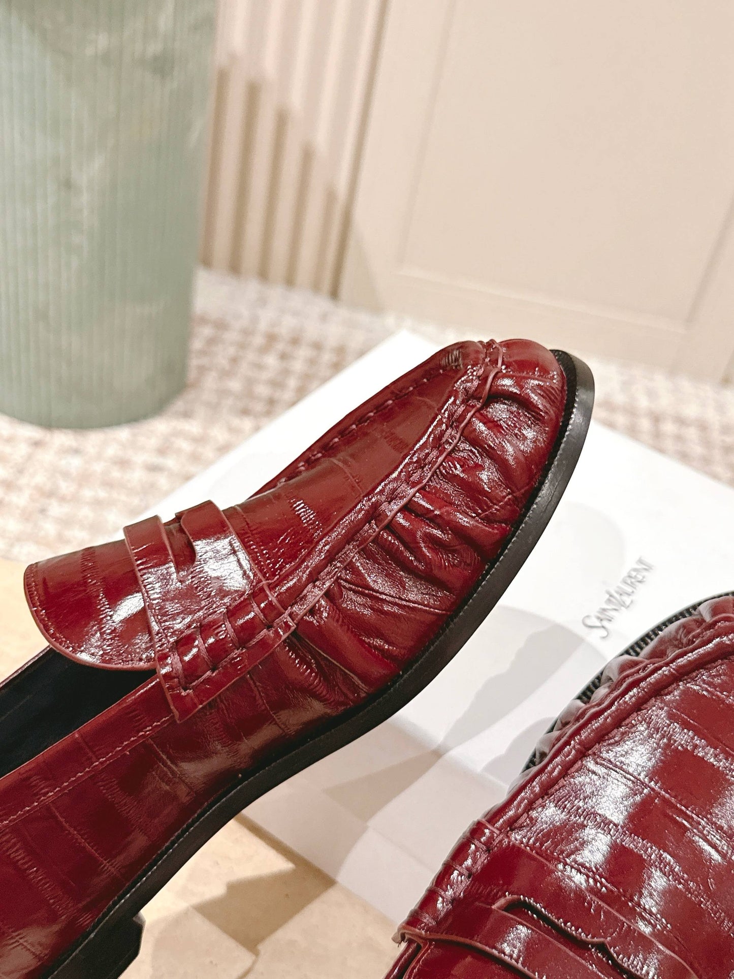 YSL 25S SAINT LAURENT LOAFERS IN DARK RED GLOSSY CALFSKIN WITH SMALL LOGO - 35