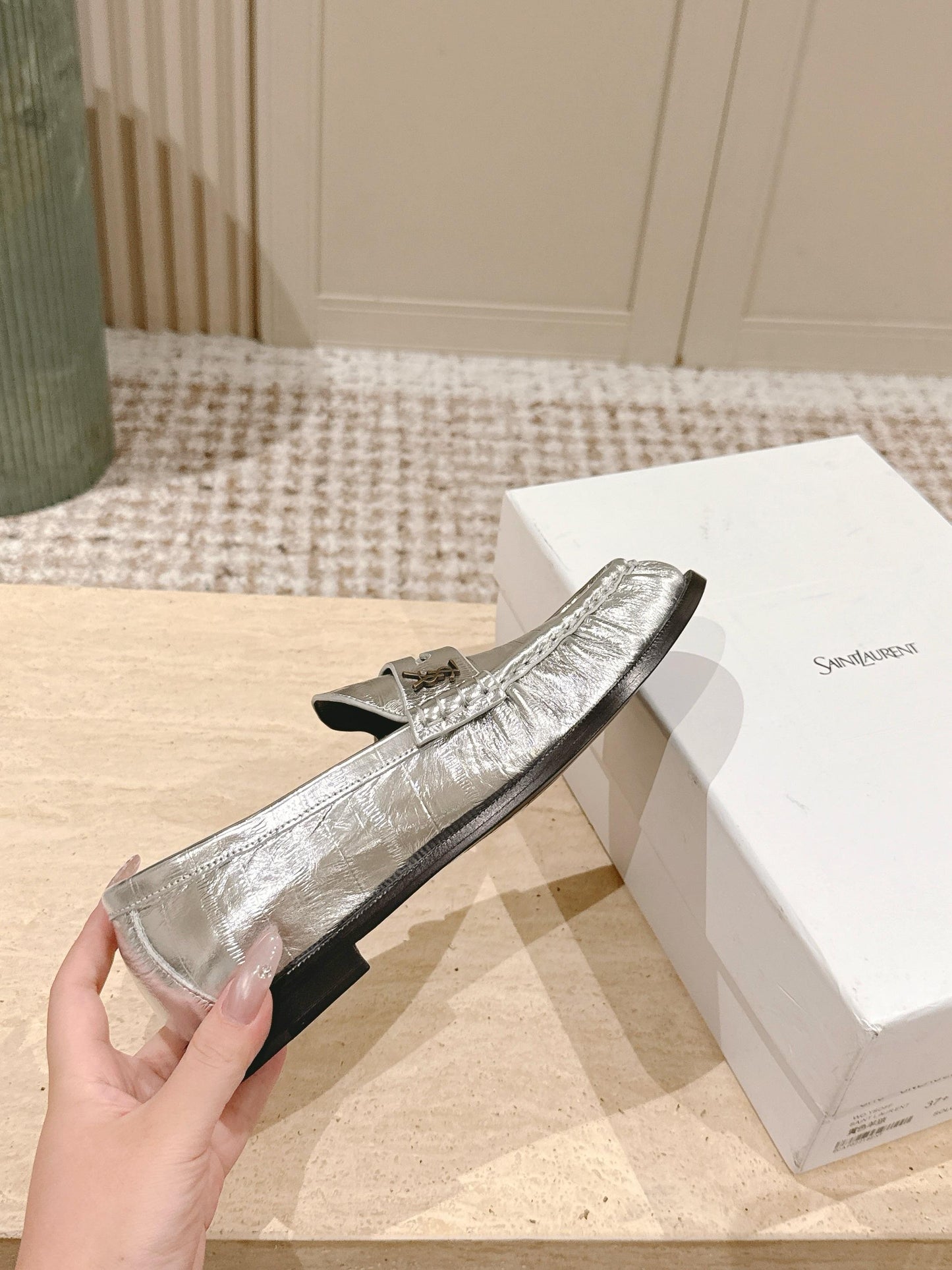 YSL 25S SAINT LAURENT LOAFERS IN SILVER CALFSKIN WITH SMALL LOGO - 35