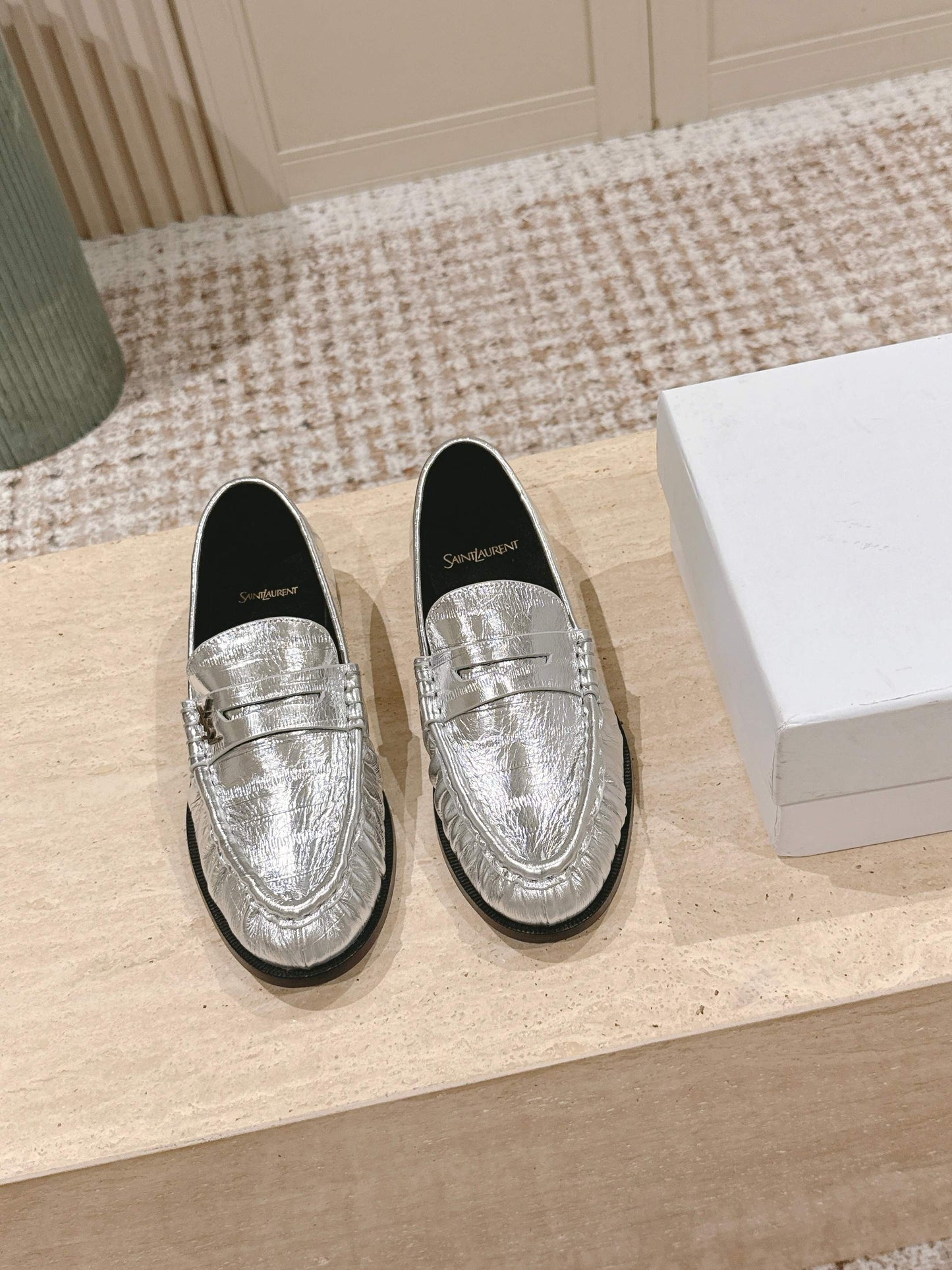 YSL 25S SAINT LAURENT LOAFERS IN SILVER CALFSKIN WITH SMALL LOGO - 35