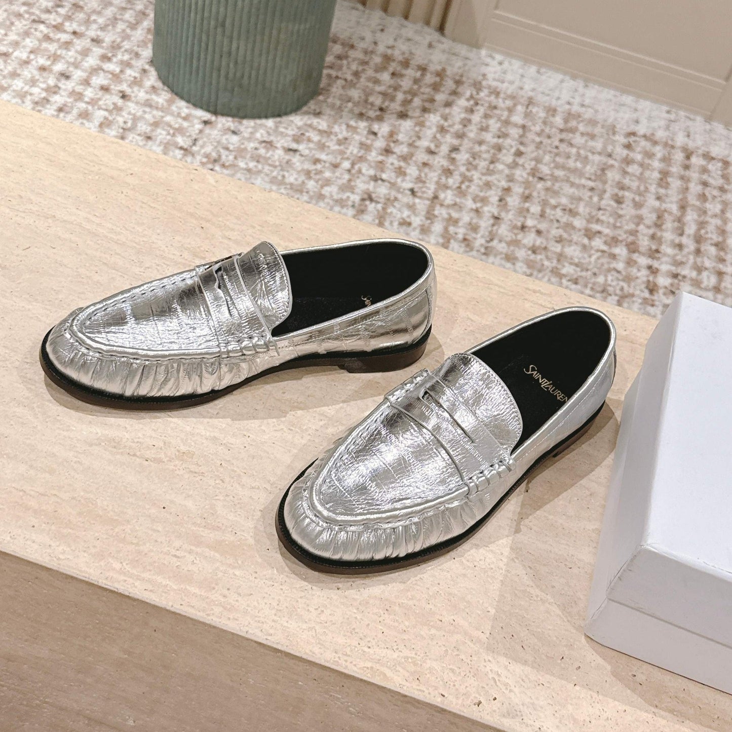 YSL 25S SAINT LAURENT LOAFERS IN SILVER CALFSKIN WITH SMALL LOGO - 35