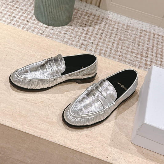 YSL 25S SAINT LAURENT LOAFERS IN SILVER CALFSKIN WITH SMALL LOGO - 35