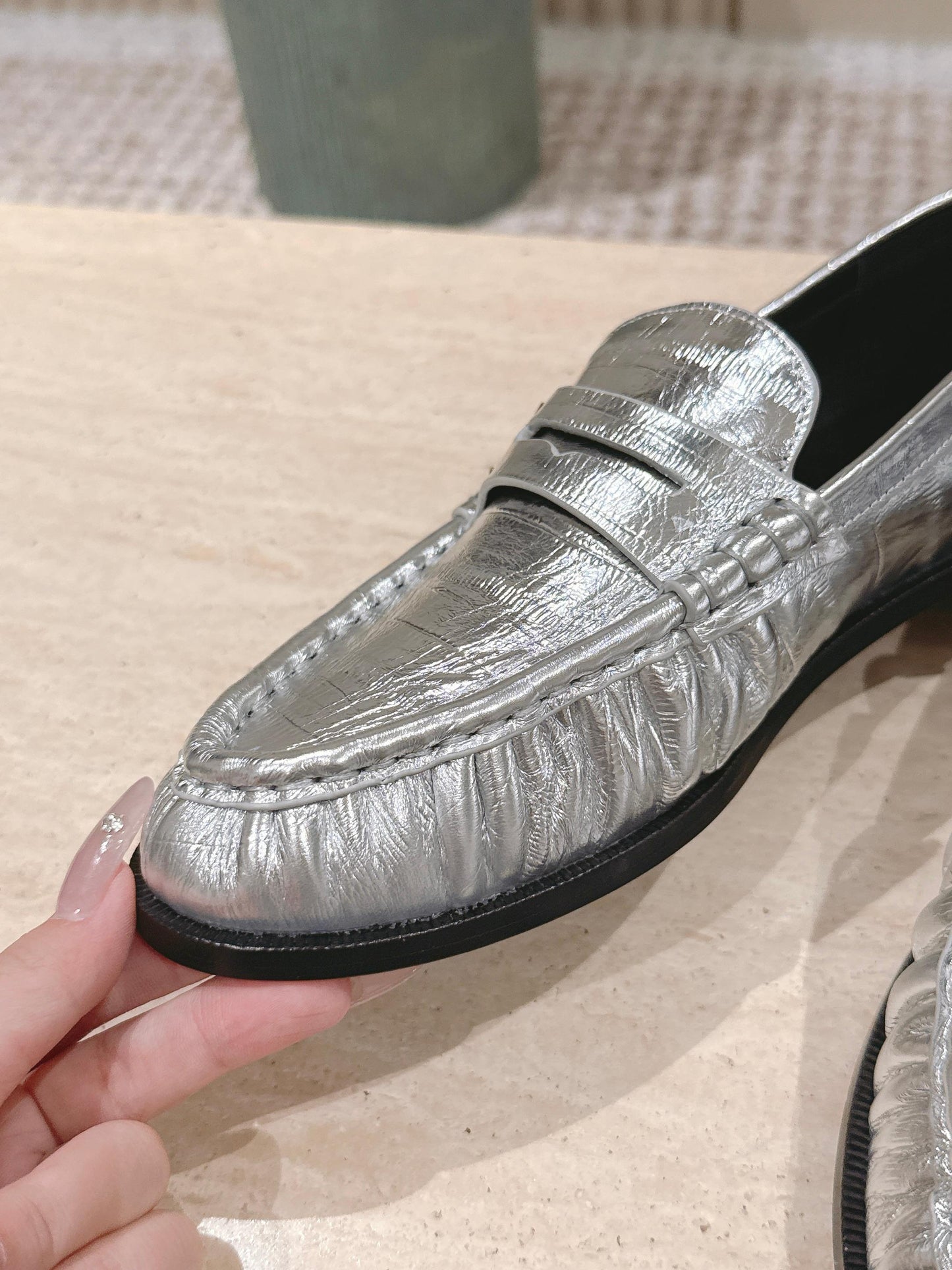 YSL 25S SAINT LAURENT LOAFERS IN SILVER CALFSKIN WITH SMALL LOGO - 35