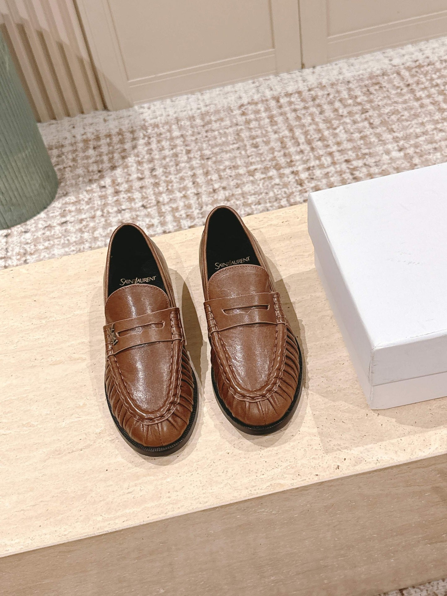 YSL 25S SAINT LAURENT LOAFERS IN BROWN CALFSKIN WITH SMALL LOGO - 35