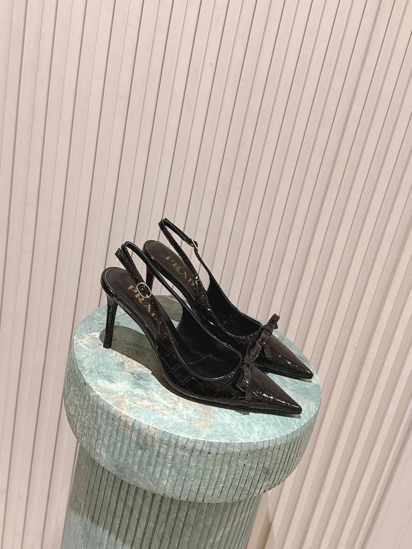 PRADA 26S POINTED-TOE SLINGBACK HEELS 85MM IN BLACK CROC-EMBOSSED CALFSKIN