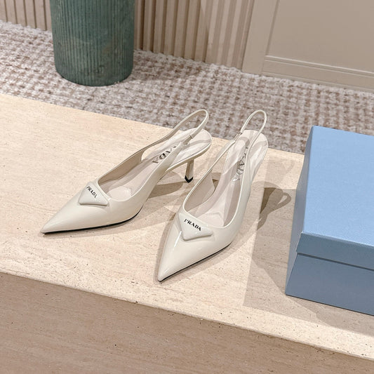 ГОСТРОНОСІ ТУФЛІ-СЛІНГБЕКИ PRADA 26S НА ПІДБОРАХ 75 ММ ЗІ СВІТЛО-БЕЖЕВОЇ ЛАКОВАНОЇ ТЕЛЯЧОЇ ШКІРИ