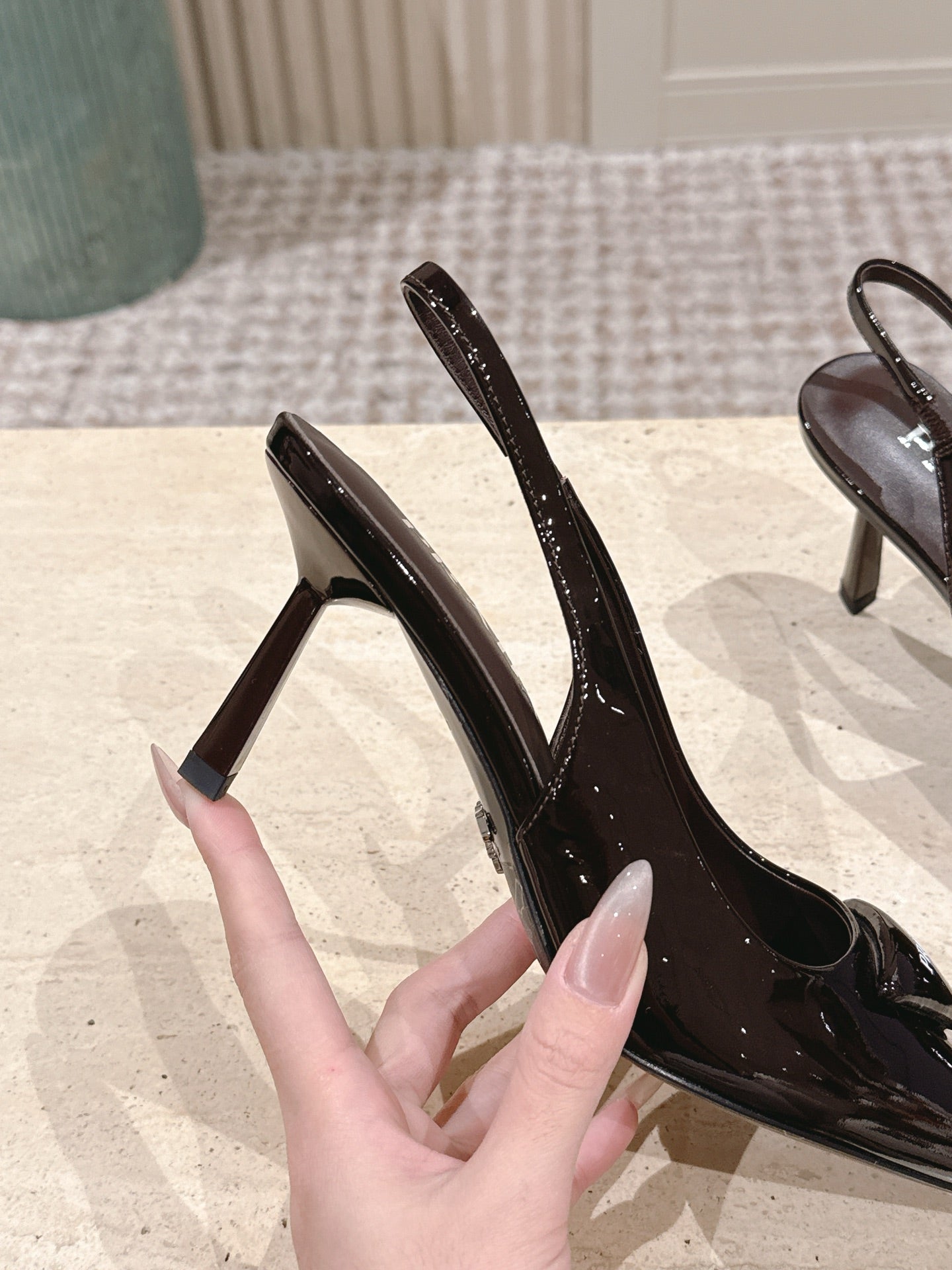 PRADA 26S POINTED-TOE SLINGBACK HEELS 75MM IN DARK BROWN PATENT CALFSKIN