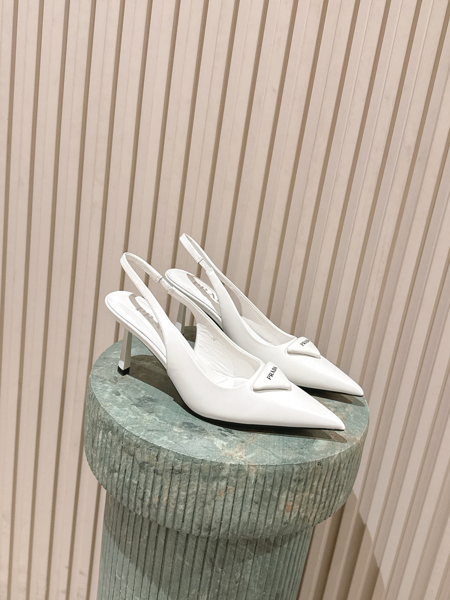 PRADA 26S POINTED-TOE SLINGBACK HEELS 75MM IN WHITE SHINY CALFSKIN