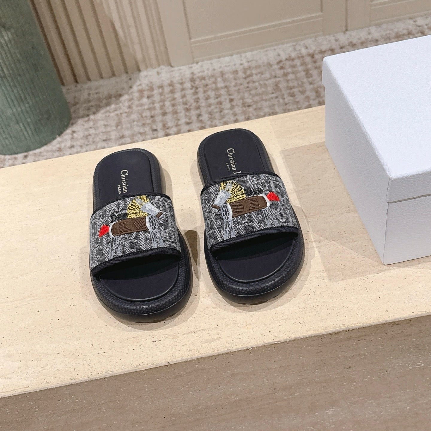 DIOR 26S SLIDE SANDALS IN GREY MONOGRAM EMBROIDERED CANVAS
