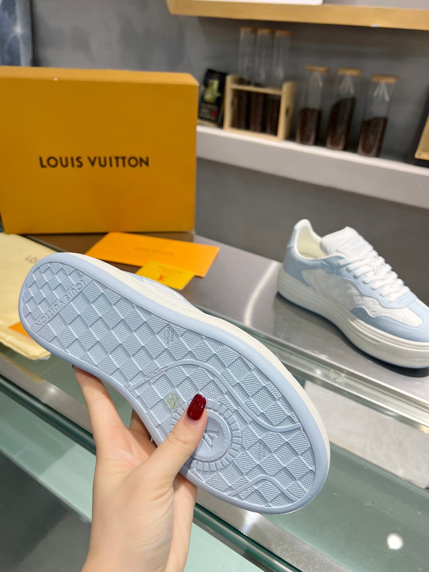 LV WOMEN GROOVY PLATFORM IN WHITE MIX LIGHT BLUE EMBOSSED CALFSKIN - 35